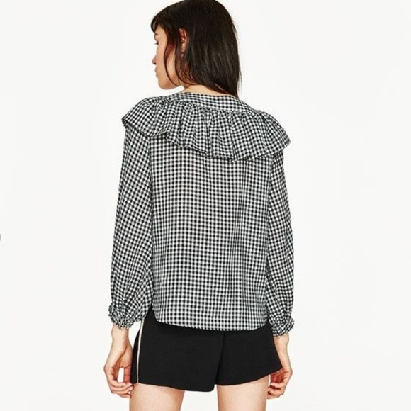 Zara Frilled Gingham Ruffle Neck Top - Picture 6 of 6